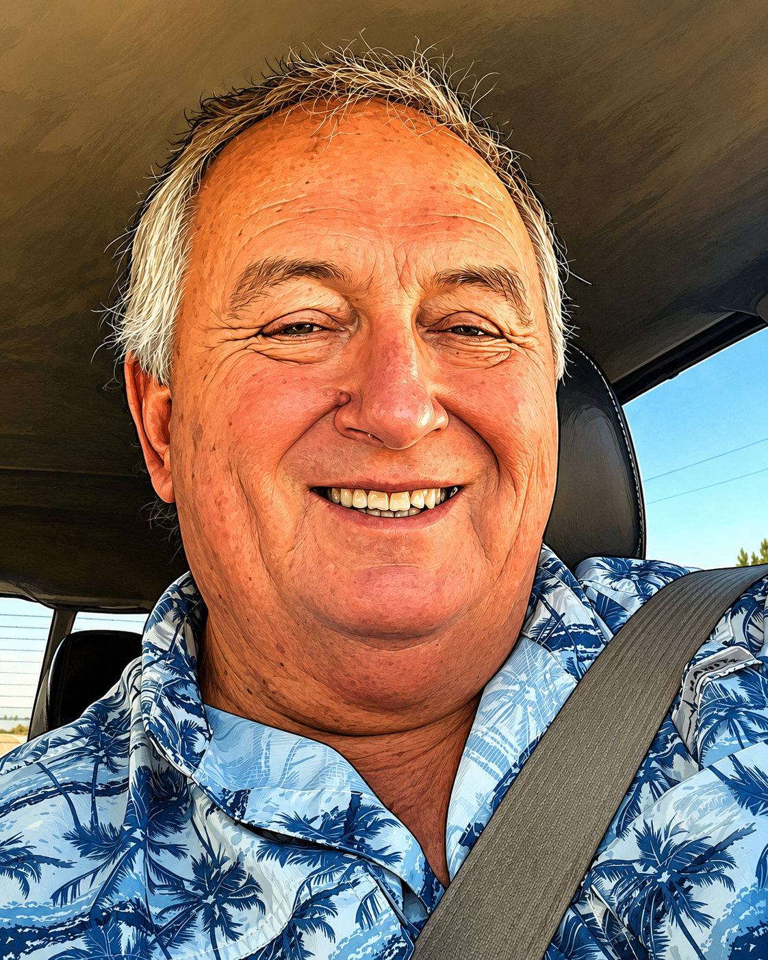 A photo of Bill, smiling in the driver's seat